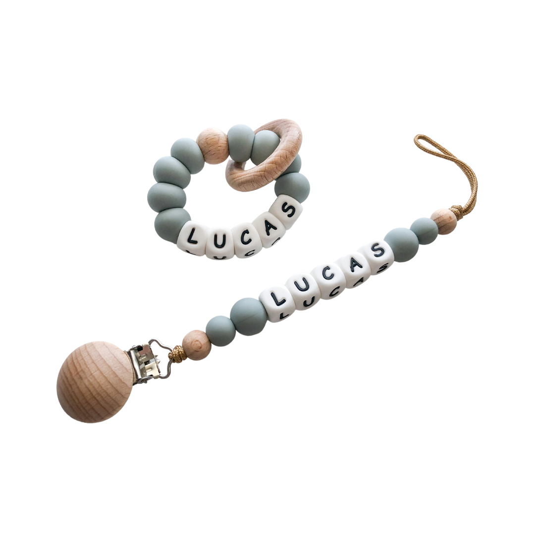 Light Grey Personalized Teether & Pacifier Clip – Oatmilk Baby
