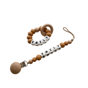 Caramel Personalized Teether & Pacifier Clip