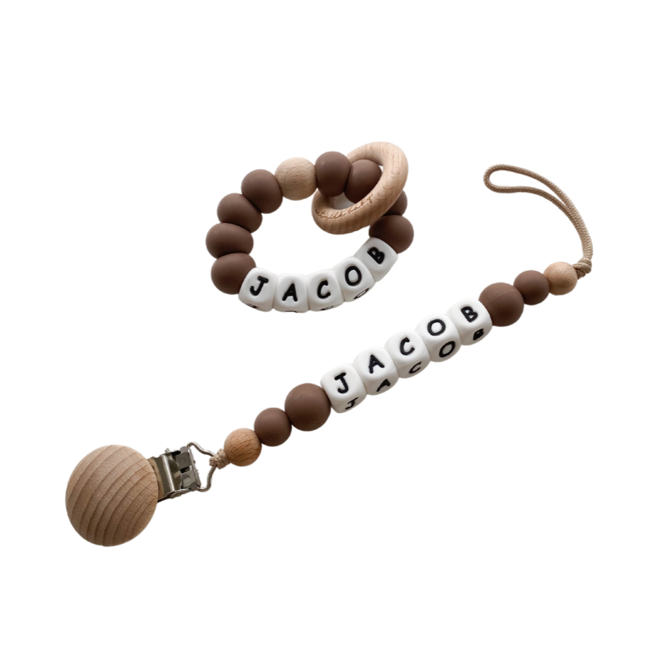Mocha Personalized Teether & Pacifier Clip