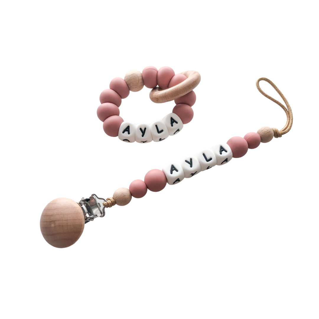 Rose Personalized Teether & Pacifier Clip